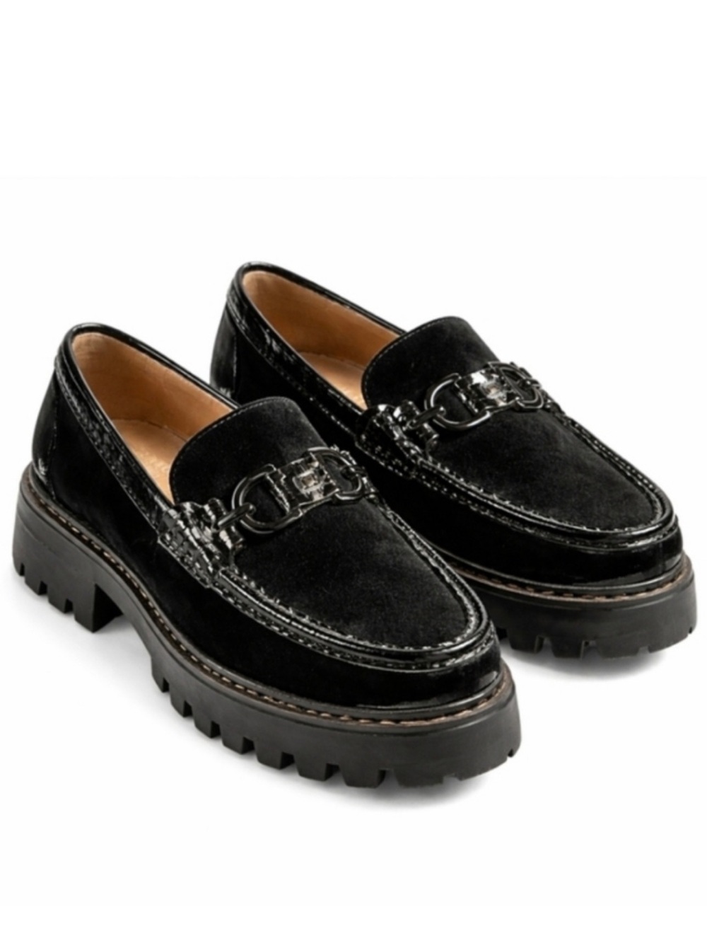 Donald J. Pliner Black Suede Lug-Sole Loafers with Chain Bit